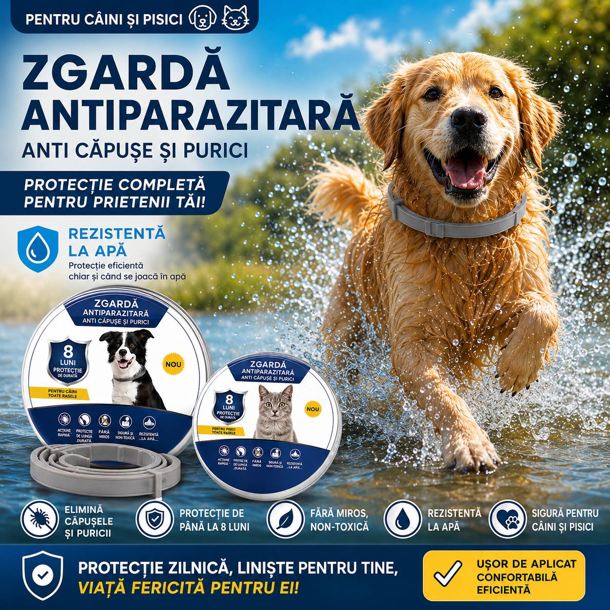 Zgardă anti căpușe cu protecție de 8 luni- Pentru câini și pisici